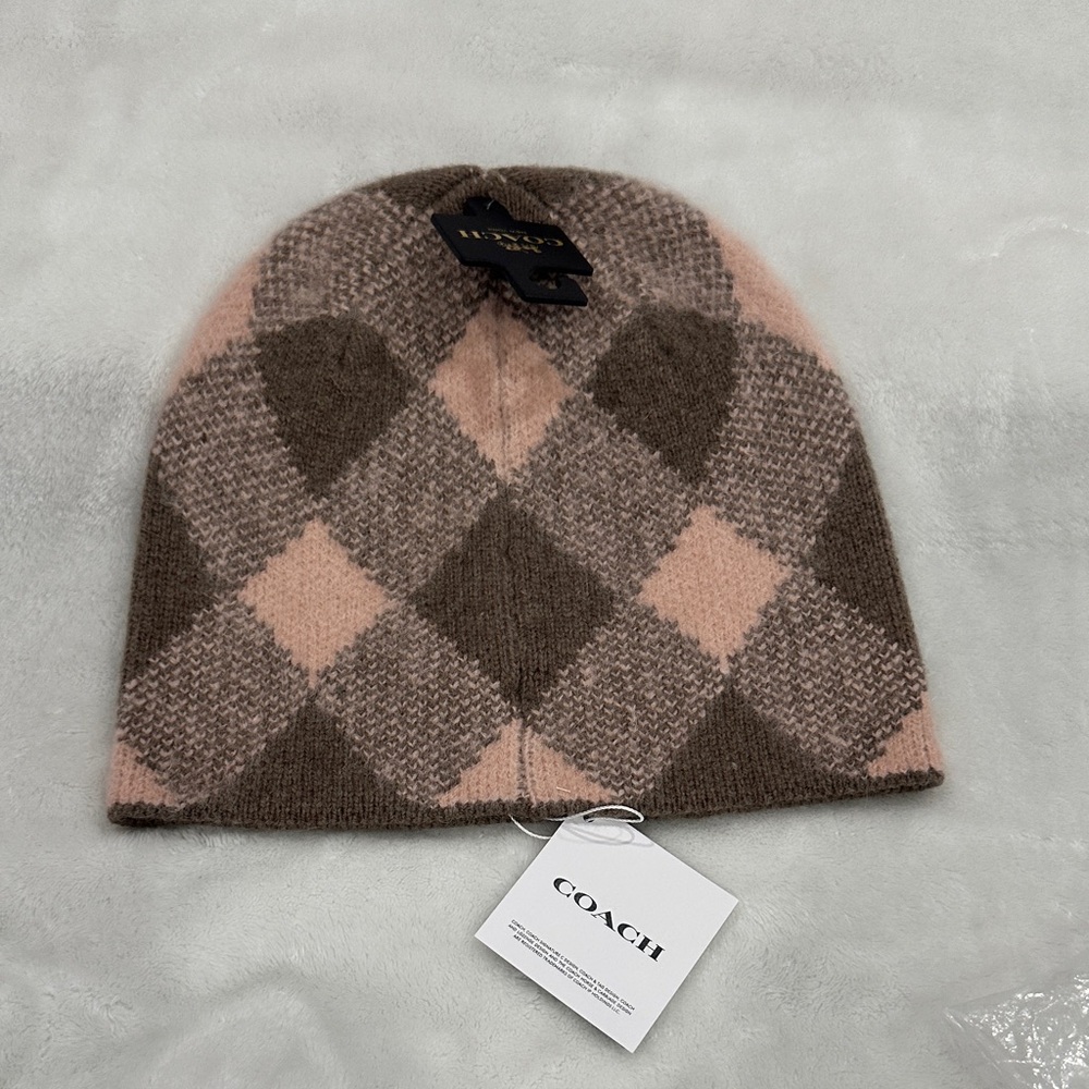 Coach Plaid Beanie in Pink and Brown - Picture 2 of 10